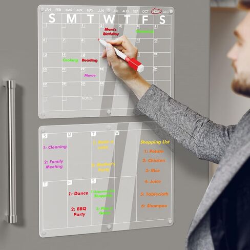 Acrylic Magnetic Calendar for Fridge, 2 Pack Monthly and Weekly Dry Erase Board Set, Meal Planner, Menu Board, Memo Board, Shopping List for Kitchen in Saudi Arabia