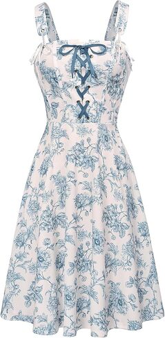 Corset Vintage Dress for Women Victorian Floral Dresses Square Neck Renaissance Dresses Floral Blue M in Saudi Arabia