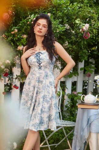 Corset Vintage Dress for Women Victorian Floral Dresses Square Neck Renaissance Dresses Floral Blue M in Saudi Arabia