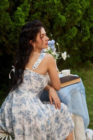 Corset Vintage Dress for Women Victorian Floral Dresses Square Neck Renaissance Dresses Floral Blue M in Saudi Arabia