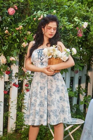 Corset Vintage Dress for Women Victorian Floral Dresses Square Neck Renaissance Dresses Floral Blue M in Saudi Arabia