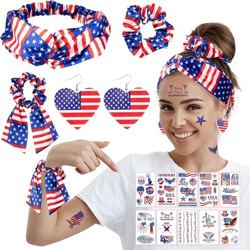 Whaline 15pcs 4th of July Accessories Kit Patriotic American Flag Headband Hair Band Hair Scrunchies Earrings Temporary Tattoos Independence Day Gift Set for Women Girls in Saudi Arabia