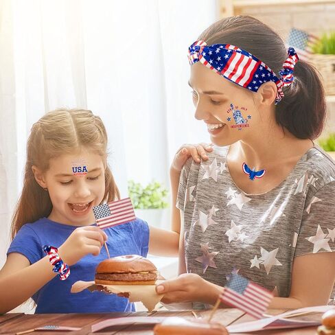 Whaline 15pcs 4th of July Accessories Kit Patriotic American Flag Headband Hair Band Hair Scrunchies Earrings Temporary Tattoos Independence Day Gift Set for Women Girls in Saudi Arabia