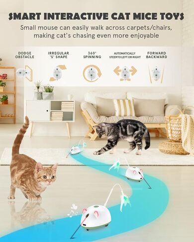 4-in-1 Automatic Cat Mice Toys for Indoor Cats, Interactive Electric Moving Cat Toys with Feather, LED Lights, Bird Sound, Laser, Smart Kitten Toys for Pet Exercise Playing in Saudi Arabia