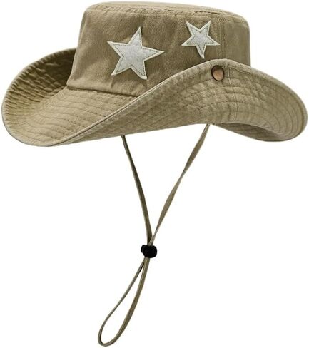 للجنسين القطن Boonie قبعة الصيف في الهواء الطلق Packable دلو صيد قبعة الشاطئ قبعة الشمس مع سلسلة للنساء الرجال (نجوم الكاكي) in Kuwait