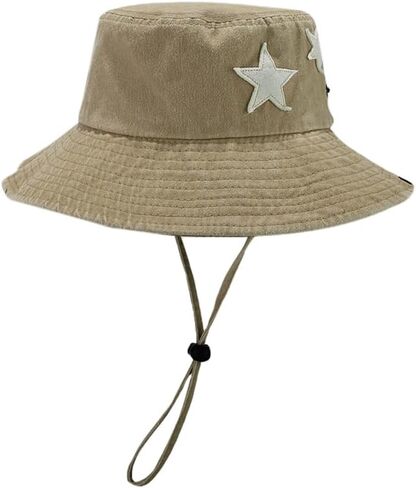 للجنسين القطن Boonie قبعة الصيف في الهواء الطلق Packable دلو صيد قبعة الشاطئ قبعة الشمس مع سلسلة للنساء الرجال (نجوم الكاكي) in Kuwait