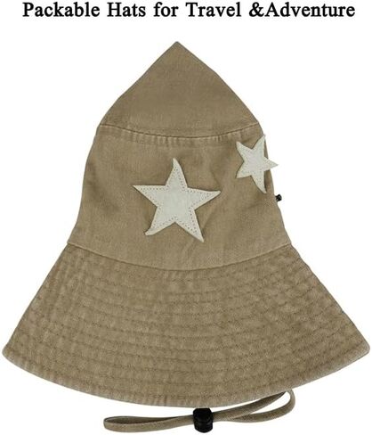للجنسين القطن Boonie قبعة الصيف في الهواء الطلق Packable دلو صيد قبعة الشاطئ قبعة الشمس مع سلسلة للنساء الرجال (نجوم الكاكي) in Kuwait
