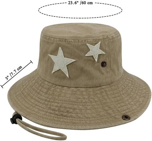 للجنسين القطن Boonie قبعة الصيف في الهواء الطلق Packable دلو صيد قبعة الشاطئ قبعة الشمس مع سلسلة للنساء الرجال (نجوم الكاكي) in Kuwait