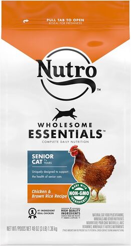 NUTRO WHOLESOME ESSENTIALS طعام قطط طبيعي جاف لكبار السن من أجل وزن صحي للدجاج المزروع في المزرعة ووصفة الأرز البني، 3 رطل. حقيبة in Kuwait