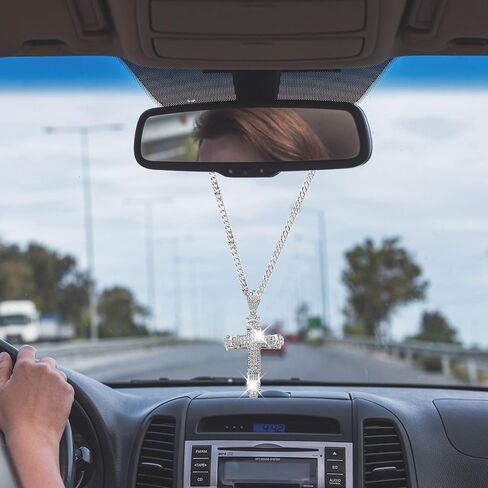 Bling Religious Cross Diamond Car Accessories for Women, Crystal Car Rear View Mirror Charms Car Decoration, Lucky Hanging Interior Ornament Pendant in Saudi Arabia