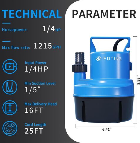 مضخة مياه غاطسة 1/4 HP 1215 GPH، مضخة مياه غاطسة كهربائية، مضخة مياه محمولة لتصريف حوض السباحة في الطابق السفلي، حوض استحمام ساخن، حديقة بركة مع سلك طاقة 25 قدم in Saudi Arabia