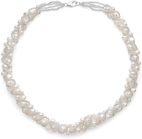 White Freshwater Cultured Weaved Pearl Necklace, Sterling Silver Clasp in Saudi Arabia