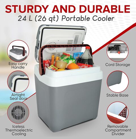 Koolatron Electric Portable Cooler Plug in 12V car Cooler 25 L (26 qt), No Ice Thermo Electric Portable Fridge for Camping, Travel Road Trips Trucking with 12 Volt DC Power Cord, Gray/White. in Saudi Arabia