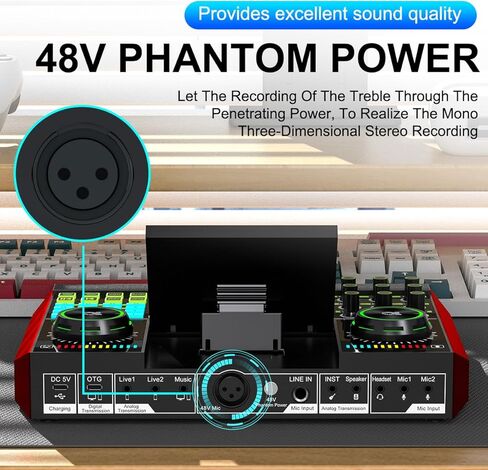 واجهة صوتية لميكروفون XLR مع طاقة فانتوم، شاشة زاوية قابلة للتعديل 4.5 بوصة، مستوى دينويز، بطارية مدمجة بقدرة 4000 مللي أمبير في الساعة مناسبة للكمبيوتر والهاتف للتسجيل والبث in Kuwait