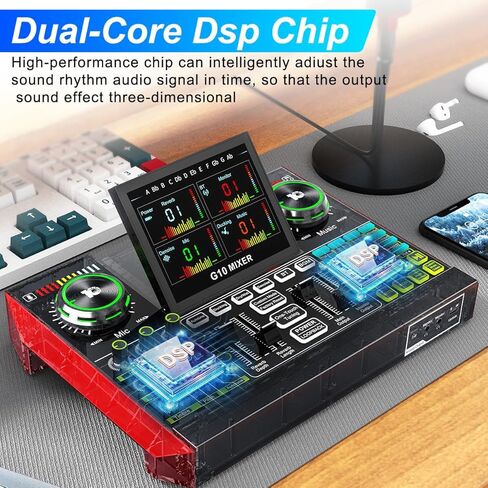 واجهة صوتية لميكروفون XLR مع طاقة فانتوم، شاشة زاوية قابلة للتعديل 4.5 بوصة، مستوى دينويز، بطارية مدمجة بقدرة 4000 مللي أمبير في الساعة مناسبة للكمبيوتر والهاتف للتسجيل والبث in Kuwait