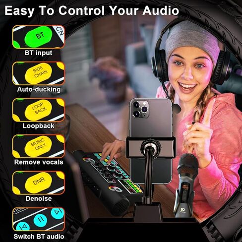 حزمة معدات البودكاست، واجهة صوت USB مع خلاط ومكبر صوت 16 وات، لوحة صوت، مغير الصوت، مجموعة بدء تشغيل خلاط الصوت للهاتف والكمبيوتر الشخصي والكاريوكي والبث المباشر وتسجيل البودكاست والألعاب in Kuwait