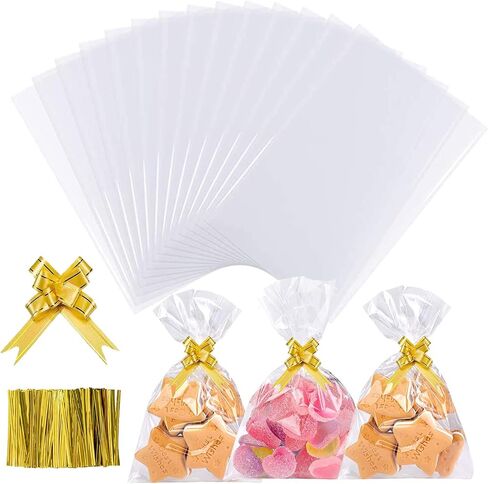 Cellophane Bags, 5 x 9 Inch Clear Treat Gift Bags 100 Pcs with Ties and Bows, Party Favor Candy Bags for Bakery, Popcorn, Cookies, Candies, Dessert in Saudi Arabia