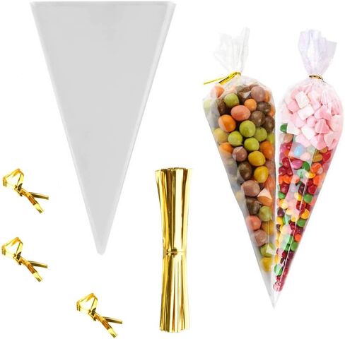 FUNNYARD Cone Bag 100PCS Mini Clear Cello Treat Bags Popcorn Bags 5.1 by 9.8 Inch Triangle Cellophane Bags with Twist Ties for Candies Handmade Cookies Wedding Birthday Pop Gift Candy Buffet Supplies in Saudi Arabia