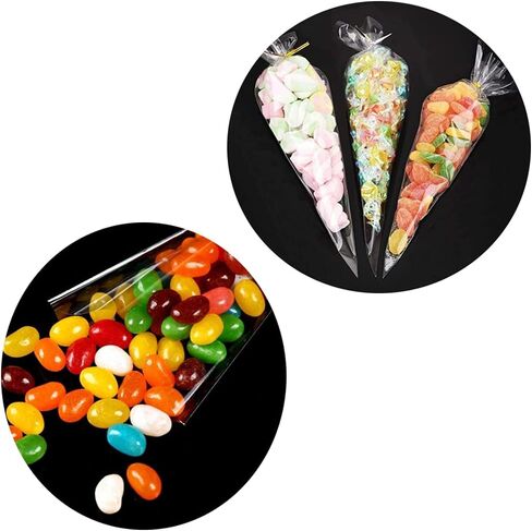 FUNNYARD Cone Bag 100PCS Mini Clear Cello Treat Bags Popcorn Bags 5.1 by 9.8 Inch Triangle Cellophane Bags with Twist Ties for Candies Handmade Cookies Wedding Birthday Pop Gift Candy Buffet Supplies in Saudi Arabia