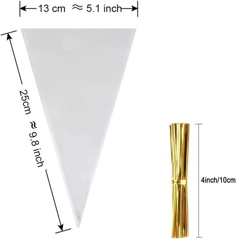 FUNNYARD Cone Bag 100PCS Mini Clear Cello Treat Bags Popcorn Bags 5.1 by 9.8 Inch Triangle Cellophane Bags with Twist Ties for Candies Handmade Cookies Wedding Birthday Pop Gift Candy Buffet Supplies in Saudi Arabia