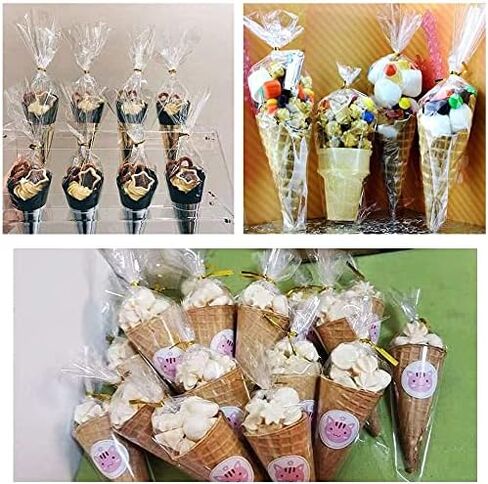FUNNYARD Cone Bag 100PCS Mini Clear Cello Treat Bags Popcorn Bags 5.1 by 9.8 Inch Triangle Cellophane Bags with Twist Ties for Candies Handmade Cookies Wedding Birthday Pop Gift Candy Buffet Supplies in Saudi Arabia