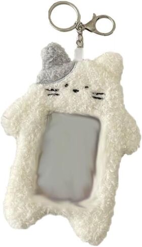 JJLFresheners حامل بطاقات الصور القطيفة الكرتونية البيضاء مع سلسلة مفاتيح قلادة Kawaii Cat لطيف حافظة بطاقات الطالب النسائية in Saudi Arabia