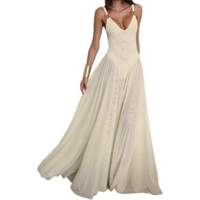 Women's Sexy Deep V-Neck Retro Sleeveless Solid Color Mesh A-line Dress Lace Cocktail Party Wedding Dress in Kuwait