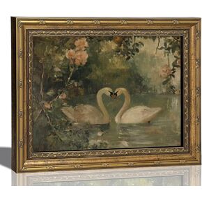 Vintage Gold Frame Romantic Swan Canvas Wall Art Classical Lake Couple Swan Wall Decor Grace Pink Green Nature Farmhouse Style Poster Print for Living Room Bedroom Home Decoration 9x11in in Saudi Arabia