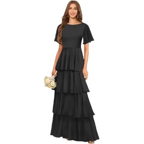 Tiered Chiffon Bridesmaid Dresses for Women with Flutter Sleeves A Line Long Formal Wedding Guest Dress in Kuwait