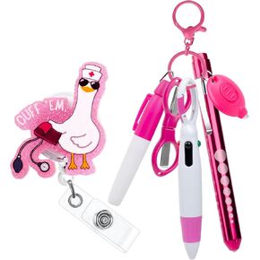 7 Pcs Nurse Badge Accessories Includes Funny Badge Reels, Permanent Marker Pen, Retractable Ballpoint Pen, Nurse Pen Light, Keychain Clip, Foldable Scissors, LED Flashlight (Pink) in Kuwait