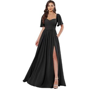 Short Sleeves Chiffon Bridesmaid Dresses Long with Pockets Sweetheart Pleated Wedding Guest Dresses for Women in Kuwait