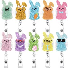 Kenning 10 Pcs Easter Bunny Style Badge Reels with Alligator Clip Glitter Bunny Style Badge Holder Retractable Pastel Rabbit Acrylic ID Clips Nursing Gift for Easter Nurse Employee Gift in Kuwait