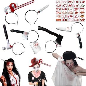 6 قطع من عصابة رأس سكين الهالوين - سكين بلاستيكي، فأس، منجل، مفتاح ربط، مطرقة وحقنة ملحقات مخيفة لحفلة تنكرية زومبي، دعامات الهالوين مع 30 قطعة من ملصقات الوشم المؤقت للهالوين in Kuwait