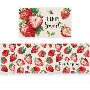 Red Strawberry Kitchen Rugs Set of 2, Sweet Strawberry Flower Kitchen Mats Decorations, Non-Slip Absorbent Spring Summer Berry Fruit Carpet Rug for Home Dining Room Bedroom Decor 16x28 and 16x47 Inch in Kuwait