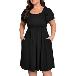 فستان نسائي كاجوال مقاس متوسط ​​الطول فستان صيفي بأكمام قصيرة ورقبة مكشكشة للحفلات مع جيبين in Kuwait