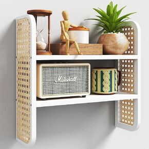 Natural 2-Tier Rattan Shelf - Wall Mounted Woven Boho Shelves, Handmade Rattan Display Shelf for Entryway, Nursery, Kitchen, Bathroom & Living Room in Kuwait