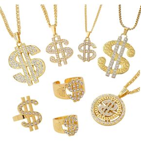 8 عبوات من سلسلة قلادة من الذهب المزيف بعلامة الدولار الذهبي لمجموعة أزياء الهيب هوب في الثمانينات، قلادة سلسلة أموال وهمية، مجوهرات مغني الراب الهيب هوب سلسلة المال زي إكسسوارات الزي للرجال والنساء in Kuwait