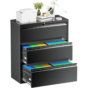 Incbruce خزانة ملفات جانبية مقاس 28 بوصة ث 3 أدراج، خزانة ملفات جانبية ذات 3 أدراج مع قفل، خزانة تخزين ملفات جانبية معدنية واسعة للمنزل والمكتب، تناسب A4/F4/Letter/الملف القانوني (أسود) in Kuwait