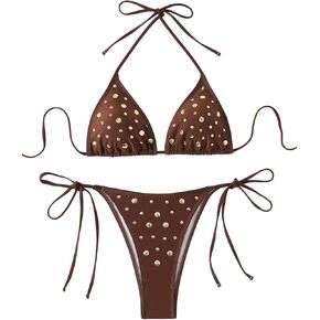 SEGT Women's Metallic Studded Bathing Suit 2 Piece Triangle Bikini Set Halter Cheeky Tie Side Swimsuit in Kuwait