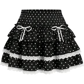 WDIRARA المرأة حجم كبير منقطة الطبقات كشكش تنورة صغيرة الدانتيل تقليم القوس ألف خط التنانير القصيرة in Kuwait