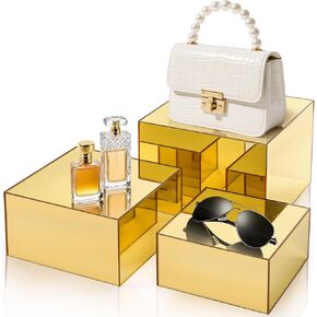 Hacaroa 3 Pack Acrylic Risers Display Stands, Gold Buffet Riser Perfume Organizer, Mirror Food Risers Cube Boxes for Catering, Dessert, Cupcake, Jewelry, Figures, Hollow Bottom, 3 Sizes in Kuwait