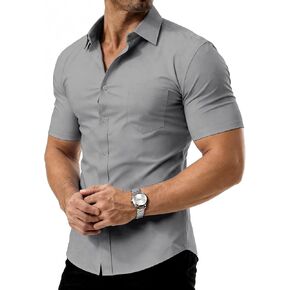 قمصان رجالي من PLEPAN بأكمام قصيرة وقصة ضيقة مقاومة للبقع والتجاعيد، قميص رسمي بأزرار سفلية مع جيب in Kuwait