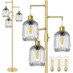 مصباح أرضي مع غطاء زجاجي كهرماني، مصباح قائم قابل للتعتيم لغرفة المعيشة، مصباح شجرة طويل القامة حديث في منتصف القرن 3، مفتاح دوار، 3 × 6 وات متضمنة لمبات LED in Kuwait