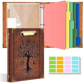 1 Inch 3 Ring Binder with Clipboard Leather Round Ring Binder with 5 Dividers, Plastic Folder, 400 Divider Stikers, Fits 175 Sheets 8.5"x11" Letter Size Paper, Tree of Life Brown in Kuwait