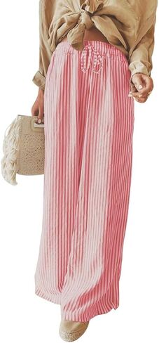 utcoco Women's High Rise Striped Wide Leg Pants Elastic Waist Drawstring Casual Trousers with Pockets in Saudi Arabia