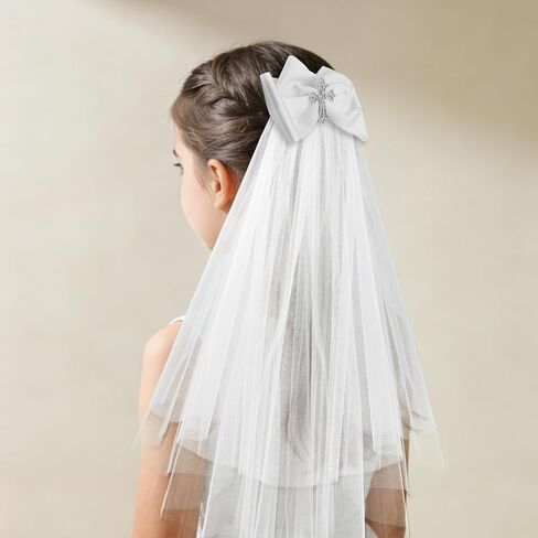 YARIEW حجاب المناولة الأولى للفتيات مع مشط كريستال صليب أبيض من الدانتيل الحجاب غطاء رأس بالتواصل المقدس لحفلات الكنيسة الكاثوليكية وإكسسوارات الشعر in Kuwait
