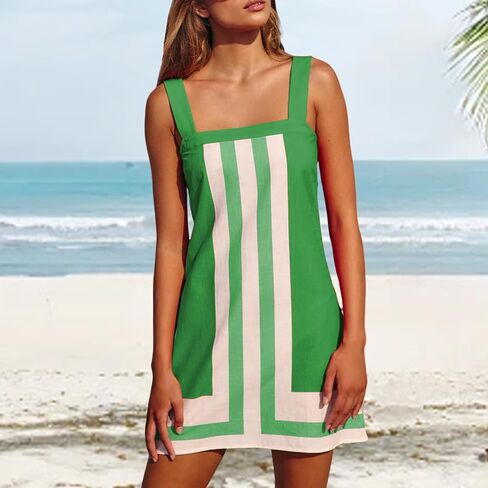 Womens Striped Mini Dress Summer Square Neck Sleeveless Sundress Color Block Beach Cover Up Backless Boho Dress in Saudi Arabia