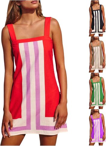 Womens Striped Mini Dress Summer Square Neck Sleeveless Sundress Color Block Beach Cover Up Backless Boho Dress in Saudi Arabia