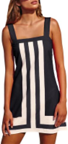 Womens Striped Mini Dress Summer Square Neck Sleeveless Sundress Color Block Beach Cover Up Backless Boho Dress in Saudi Arabia