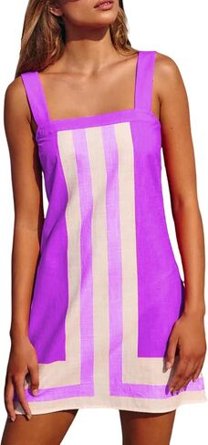 Womens Striped Mini Dress Summer Square Neck Sleeveless Sundress Color Block Beach Cover Up Backless Boho Dress in Saudi Arabia
